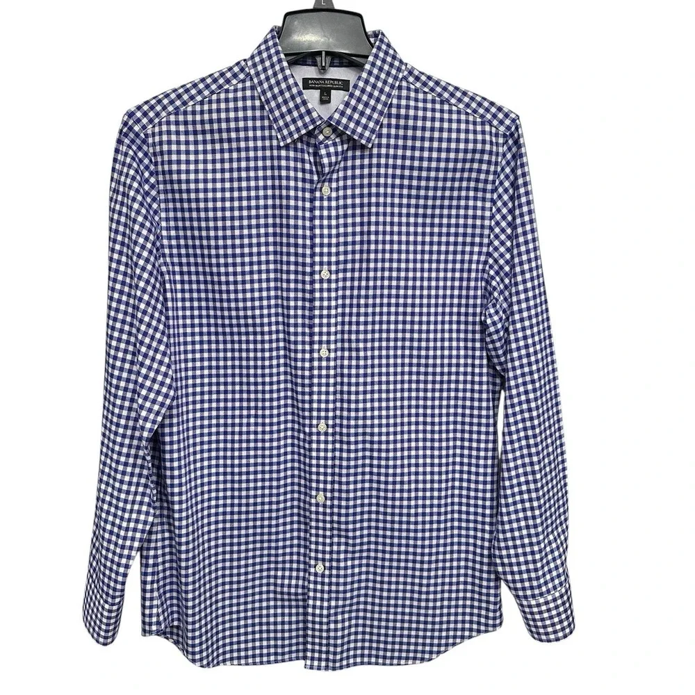 Banana Republic‎ Shirt Mens Large Purple Plaid Non Iron Slim Fit Cotton Dress